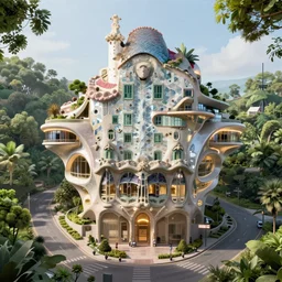 highly detailed futuristic architecture by Antoni Gaudí, floating buildings, reflective lighting, empty streetscapes, surrounded by lush green vegetation, ground-level view, puddles of water, stunning sunny lighting, sunrise, vivid colors, in the style of pixar animation, trending on Artstation, 8k, photorealistic, ray tracing, hyper detailed, unreal engine 5, cinematic, epic lighting, cryengine, octane render, cyberpunk, red and orange glow, vibrant