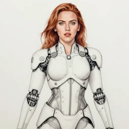 a highly detailed line drawing of robotic warrior, young scarlet johansson by kim jung gi