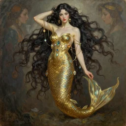 a beautiful dark androgynous mermaid, pinup pose, long hair, tall and thin, wearing dozens of pendants and a gown of gold, illustration, dramatic lighting, soft details, painting oil on canvas, art nouveau, iridescent scales on her body, fish tail, octane render, HDR, 4k, 8k, HD, by Edmund Blair Leighton, Brom, Charlie Bowater, j.c. Leyendecker, faces by otto schmidt