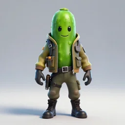 fortnite character design, anthropomorphic pickle, kind eyes and a derpy smile. flak jacket, ammo bandolier, cargo pants, black combat boots. fortnite style, unreal engine