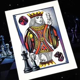 chess set, taro deck card king and psychedelic grainshading print by moebius, richard corben, wayne barlowe, cyberpunk comic cover art, galactic dark colors