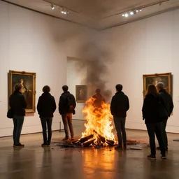 people at an art gallery on fire, by roman tolici
