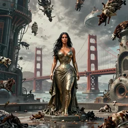 cinematic view of kim kardashian statue in the middle of san francisco, dystopia, dead animals falling from the sky, by cedric peyravernay, by kilian eng, high detail, digital painting, industrial art style, death stranding art style, cinematic lighting, artstation, cgsociety, unreal engine 5 render, octane render, 3 5 mm film grain