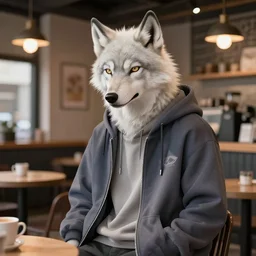 anthropomorphic albino wolf fursona wearing casual stylish clothes hoodie at a hipster coffee shop, highly detailed, artgerm style, artstation, soft light, sharp focus, illustration, character design, concept art