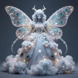an ethereal alien star poodle moth druid with tentacle arms, wearing a massive magically imbued ethereal elven ball gown made from clouds and peacock feathers, with fairy lights inside the clouds like stars, cloud shaped mage robes, fantasy, proper anatomy, fantasy art, in the style of the dragon prince on netflix