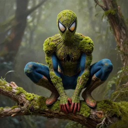 beautiful highly detailed painting of spiderman made of moss and wood, with amber eyes, perched on a mossy branch, spider - man by brian froud, jb monge, fantasy, folklore spider - man, very detailed, high quality