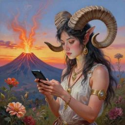 painting by senior concept artist josephine wall, horned ram goddess checking her cell phone, erupting volcano in distance, sunset, flowers in foreground, zodiac, fantasy, acrylic on canvas, intricately detailed, highly detailed, high resolution, hdr, 8 k, trending on artstation