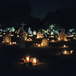 film photography film photography of a Mexican cemetary at night, lit with candles, Leica M6, cinestill 800, Noctilux 50mm
