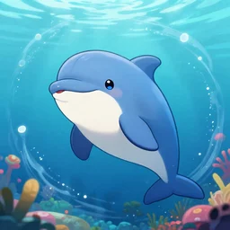 Cute anime style digital art of happy bipedal anthro furry dolphin character with blue eyes swimming underwater in whirling tropical water, trending on artstation, trending on furaffinity