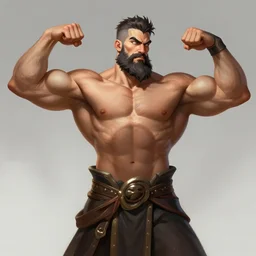 a highly detailed illustration of short haired shirtless bearded god, heroically flexing bodybuilding pose, one arm bicep flexing other arm pointing straight, muscular, intricate, elegant, highly detailed, centered, digital painting, artstation, concept art, smooth, sharp focus, league of legends concept art, WLOP
