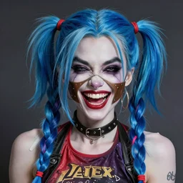 jinx : evil audrey hepburn as harley quinn braids, double long braids blue, no makeup, tane skin, blue hairs, insane crazy laugh, brown welding mask, portrait shinkai makoto artgerm rossdraws james jean marc simonetti highly detailed intricate matte sharp focus digital painting artstation pixiv