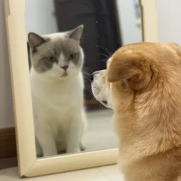 a dog looking curiously in the mirror, seeing a cat