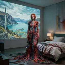 rgb, woman, modern art museum, cinematic, movie scene, inspired by zdzislaw beksinski, new zealand landscape, clothes made out of veins,, cables everywhere, bedroom, ultra realistic, concept art, intricate details, highly detailed, photorealistic, octane render, 8 k