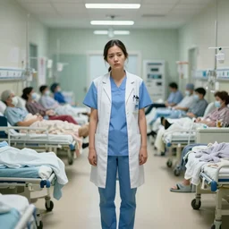 a female doctor in scrubs, looking tired, in the middle of lots of sick people in beds, hospital hall, by greg rutkowski, trending on artstation