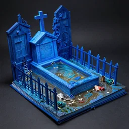 expressive, ecstatic by tyler shields, by balthus pop - up book, neon blue. the kinetic sculpture shows a grave that has been flooded with water. the grave is located in a cemetery in italy. the water in the grave is dirty & there is trash floating in it. the grave is surrounded by a fence.