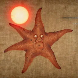 a goryeo era buddhist painting of a humanoid kaiju starfish creature, sun behind, glitchy compression, mirror flare