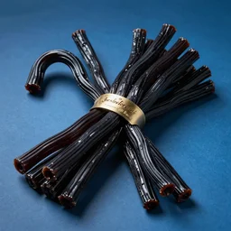 bundle of black licorice on a blue background, twisted strands of shiny candy, twizzlers, chewable, chesley bonestell, vincent di fate
