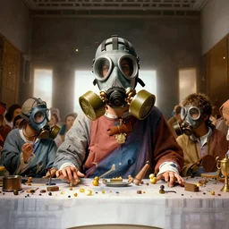 the last supper in gas masks, hyperrealistic, volumetric golden dappled dynamic lighting, highly detailed, sharp focus, by j. dicken