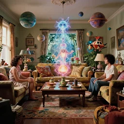movie still by alejandro jodorowsky of a beautiful day in a family living room designed by gucci in eclectic suburban usa, visible magic energy, dream creature costumes, floating planets, rainforest cafe, parade floats, cinestill 8 0 0 t eastmancolor technicolor, high quality, very detailed, heavy grain, fine facial features, 8 k, octane render
