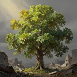 oak tree growing in the ruins of a city, post - apocalypse wasteland, gray dull background, vibrant colorful green leaves, hyperrealistic, very detailed leaves, sharp focus, highly detailed, cinematic, ray of golden sunlight, digital art, soft lightning, muted colors, cgssociety, artstation, oil painting by greg rutkowski, by artgerm, by wlop