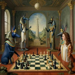 chess and epistemology with thoth and anubis. a surrealist interior mental landscape by hieronymus bosch, cyril rolando, esher and natalie shau, whimsical, profound, impossible. trending on devaintart w 7 0 4