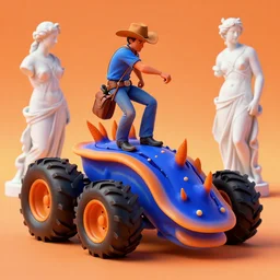 a cowboy turning into blooms by slim aarons, by zhang kechun, by lynda benglis, by frank frazetta. tropical sea slugs, angular sharp tractor tires. bold complementary colors. warm soft volumetric light. 8 k, 3 d render in octane unreal engine, smooth gradients. a manly cowboy riding by syd mead. sculpture by antonio canova. blue orange