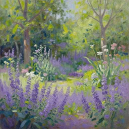 tranquil oil painting of purple garden withe green trees, detailed, 8k, mesmerizing