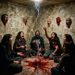 a photograph photo of a hebrew seance gone wrong. blood, ooze, ectoplasm, screaming faces in the walls.