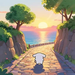 a lonely cobblestone street with a tree on a cliff over the sea at sunset, brightly illuminated by rays of sun, artstation, colorful illustration, sanrio style
