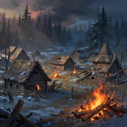 Beautiful detailed high quality illustration of recently abandoned and destroyed old Slavic village, dreadful forest on background, some wood is on fire::vibrant winter, ominous mood, evening sunlight::art by Ghibli Studio, League of Legends, Arcane, Wild Rift, trending on artstation