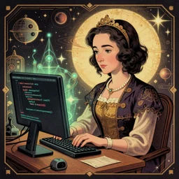 Ada Lovelace coding on a quantum computer, retro science fiction vintage art, trending on artstation