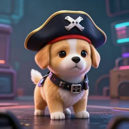 a cute adorable puppy wearing a pirate hat in cyberpunk 2 0 7 7, ultra realistic 4 k unreal engine very cinematic render with ray tracing bloom ambient occlusion strong reflections depth of field fog