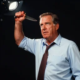 bloody ted cruz holding knife with searchlight overhead, shot on technicolour film, action shot