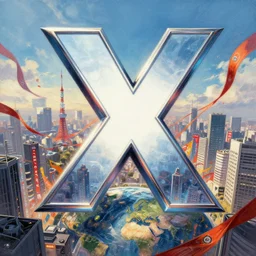 an epic comic book style painting of the uppercase letter x towering over the world, the letter x, giant font, lettering, future tokyo cityscape with ribbons, architectural, banners and ribbons, masterpiece, octane render, extreme details, trending on artstation, dynamic lighting