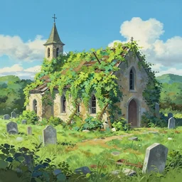 a traditional gouache painting of grapevine bushes, grapevine covered church reclaimed by nature, in the middle of old cemetery destroyed after hurricane, panorama, a matte painting by makoto shinkai, photorealistic, deviantart, matte drawing, concept art, matte painting