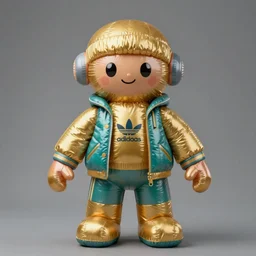 accurate detailed pvc inflated gold & teal colored puffy action figure fashion warrior, full body, futuristic, concept art, character only, detailed art, adidas streetwear, figurine!!!, studio lighting, grey background, no shadow, trending on artstation, 4 k, sharp, highly - detailed, focus on face!!!