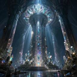 a beautiful matte painting of the inside of a galactic cyberpunk crystal temple in dmt fractal trippy psychedelic hyperspace , highly detailed creepily dimly lit exterior with shafts of iridescent light bouncing off crystal columns, by Christophe Vacher and Bastien Lecouffe-Deharme and Alex Grey, trending on artstation,narrative realism, deep color scheme,wide angle,highly detailed,v-ray render,photorealistic,4k hd wallpaper