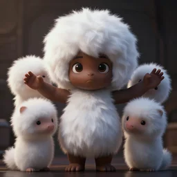 cute fluffy anthropomorphic girl with four arms, white fur and dark skin, dramatic lighting, cinematic, artstation