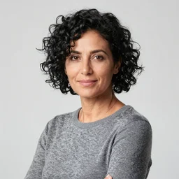 European woman photograph, black and grey shorter curly hair, 38 years old, good looking , intelligent
