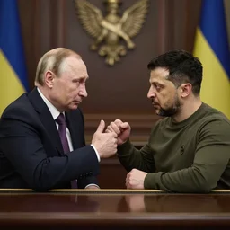 vladimir putin and Volodymyr Zelensky fight in a bar, photorealistic