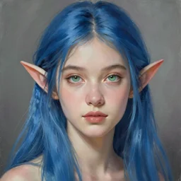 beautiful elf woman, long blue hair, green eyes, very beautiful features, portrait, painting by alphonse muca, greg ruthowski, craig mullins, ruan jia, wlop, very beautiful and detailed, artstation, high quality