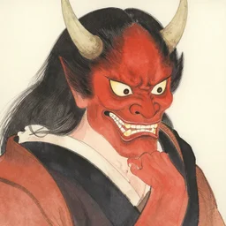 japanese watercolour painting of an oni, japanese girl with short black hair