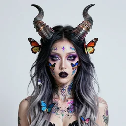 muted vaporwave unreal ombre, sharp focus, strong lighting, clean lines, 4 k digital portrait horned baphomet queen of void butterflies, by simon stalenhag marvin mattelson cesar santos jean auguste jean ingres david wilkie eugene delacroix john frederick lewis vasily vereshchagin facial vibrant marker intricate illustrated unreal engine