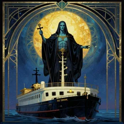 Charon the ferryman of Hades, by Rolf Armstrong, dramatic lighting, high contrast colors, empyrean, art deco, panoramic view, as trending on Artstation, 4k,