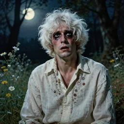a handsome but creepy man in layers of fear, with haunted eyes, violence in her eyes, crazy white hair, wearing a linen shirt, 1 9 7 0 s, seventies, delicate embellishments, a little blood, woodland, moonlight shining on wildflowers, painterly, offset printing technique, by alexandre cabanel