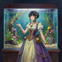 southeast asian scifi alchemist in an aquascaped aquarium, wearing a lovely dress with steampunk details. this oil painting by the award - winning mangaka has an interesting color scheme and impeccable lighting.