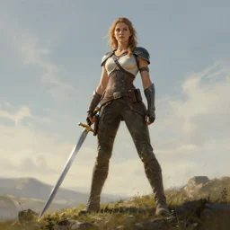 ultra realistic illustration, female hero with sword standing on hill, art by artgerm and greg rutkowski