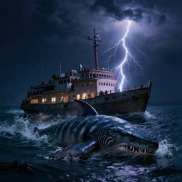 gerald brom, ellen jewett, leviathan sea monster coming out of the water, attacking a boat, night, artgerm, realistic, night, scary, night, lightning, boat, lighting