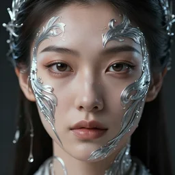 intricate highly detailed face portrait of asian - european woman, silver water vines on her face, intricate, cgsociety, unreal engine, octane render, sharp focus, smooth, volumetric lighting, cinematic composition, artstation