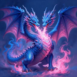a firebreathing two - headed dragon breathing blue and pink flames, pink fire from its mouth, surrounded by blue and pink fire, hyperrealistic, highly detailed, intricate, elegant, smooth, dnd, fantasy illustration, octane render, 8 k, concept art, artstation, oil painting by greg hildebrandt and tim hildebrandt and greg rutkowski